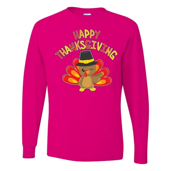 Inktastic Happy Thanksgiving Cute Turkey in Pilgrim Hat Long Sleeve T-Shirt