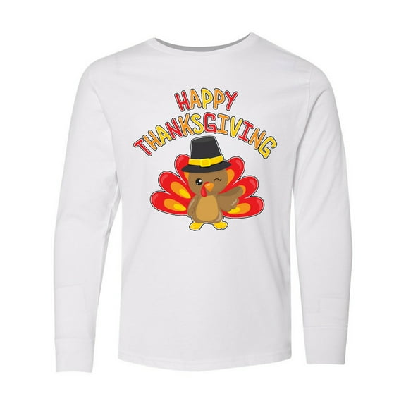 Inktastic Happy Thanksgiving Cute Turkey in Pilgrim Hat Long Sleeve Youth T-Shirt