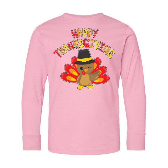 Inktastic Happy Thanksgiving Cute Turkey in Pilgrim Hat Long Sleeve Youth T-Shirt