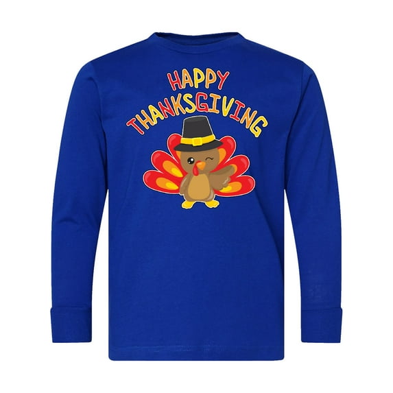 Inktastic Happy Thanksgiving Cute Turkey in Pilgrim Hat Long Sleeve Youth T-Shirt