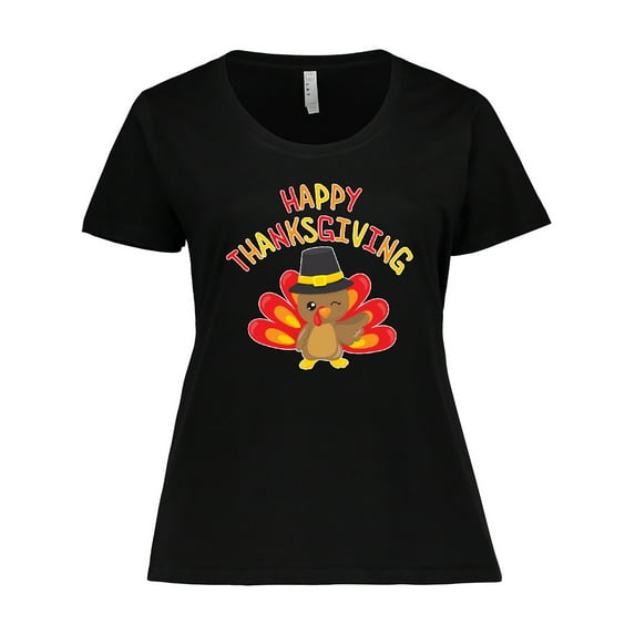 Inktastic Happy Thanksgiving Cute Turkey in Pilgrim Hat Women's Plus Size T-Shirt