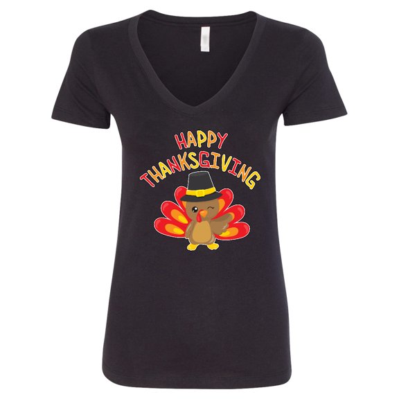 Inktastic Happy Thanksgiving Cute Turkey in Pilgrim Hat Women's V-Neck T-Shirt