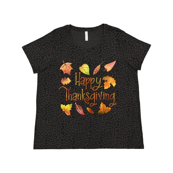 Inktastic Happy Thanksgiving Fall Leaves in Autumn Colors Women's Plus Size T-Shirt