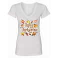 thumbnail image 1 of Inktastic Happy Thanksgiving Fall Leaves in Autumn Colors Women's V-Neck T-Shirt, 1 of 5