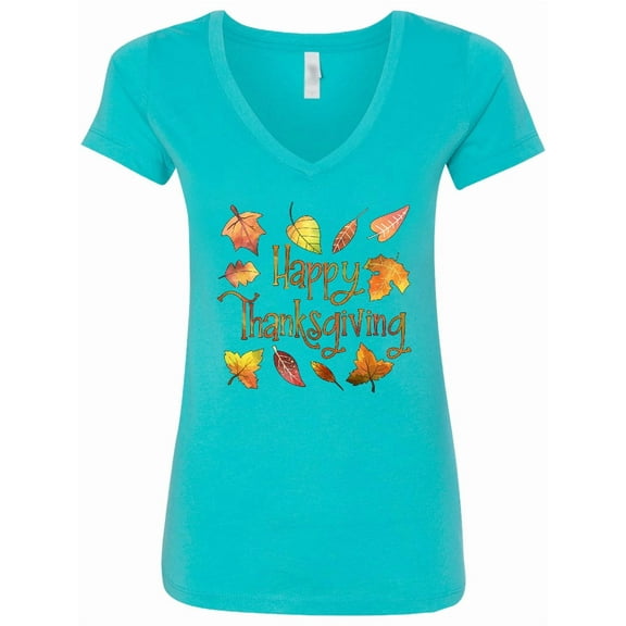 Inktastic Happy Thanksgiving Fall Leaves in Autumn Colors Women's V-Neck T-Shirt