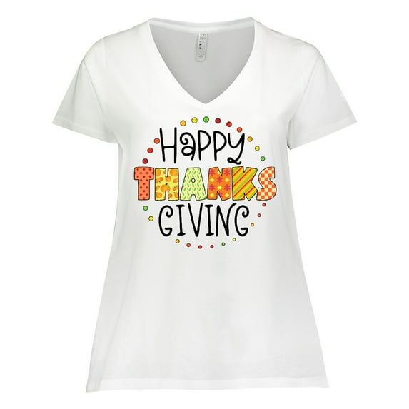 Inktastic Happy Thanksgiving Fun Autumn Patterns Women's Plus Size V-Neck T-Shirt