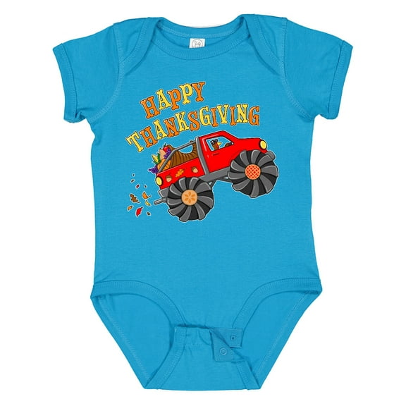 Inktastic Happy Thanksgiving Monster Truck with Turkey and Food Boys or Girls Baby Bodysuit