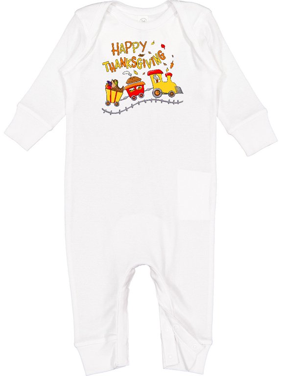 Happy Thanksgiving Turkey Train with Food Baby Romper Coveralls