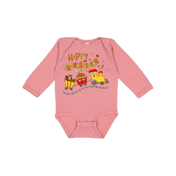 Inktastic Happy Thanksgiving Turkey Train with Food Boys or Girls Long Sleeve Baby Bodysuit