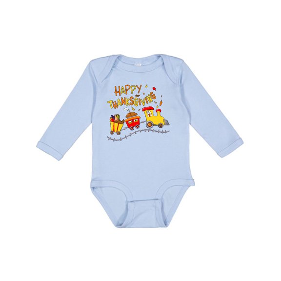 Inktastic Happy Thanksgiving Turkey Train with Food Boys or Girls Long Sleeve Baby Bodysuit