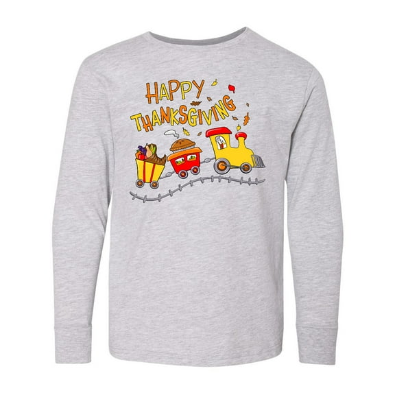 Inktastic Happy Thanksgiving Turkey Train with Food Long Sleeve Youth T-Shirt