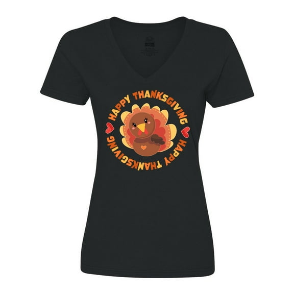 Inktastic Happy Thanksgiving with Cute Turkey Women's V-Neck T-Shirt