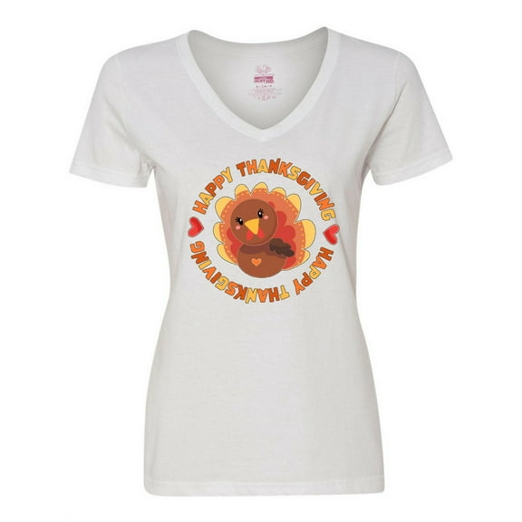 Inktastic Happy Thanksgiving with Cute Turkey Women's V-Neck T-Shirt