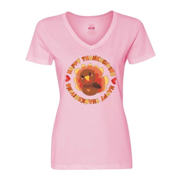 Inktastic Happy Thanksgiving with Cute Turkey Women's V-Neck T-Shirt