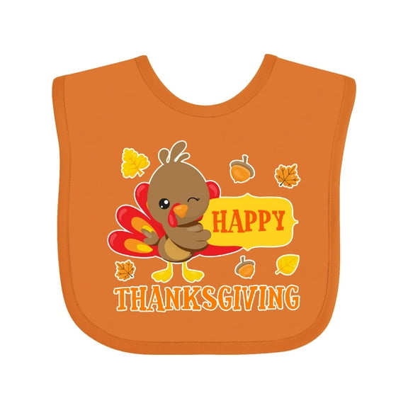 Inktastic Happy Thanksgiving with Cute Turkey and Leaves Boys or Girls Baby Bib