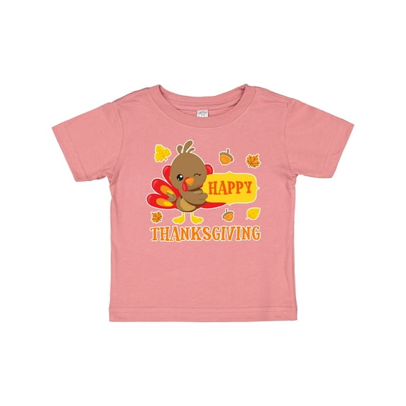 Inktastic Happy Thanksgiving with Cute Turkey and Leaves Boys or Girls Baby T-Shirt