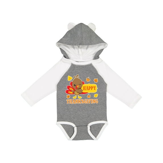 Inktastic Happy Thanksgiving with Cute Turkey and Leaves Boys or Girls Long Sleeve Baby Bodysuit