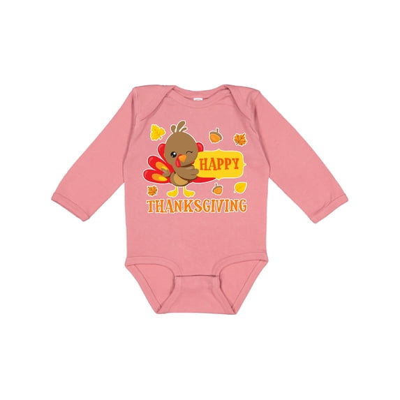 Inktastic Happy Thanksgiving with Cute Turkey and Leaves Boys or Girls Long Sleeve Baby Bodysuit