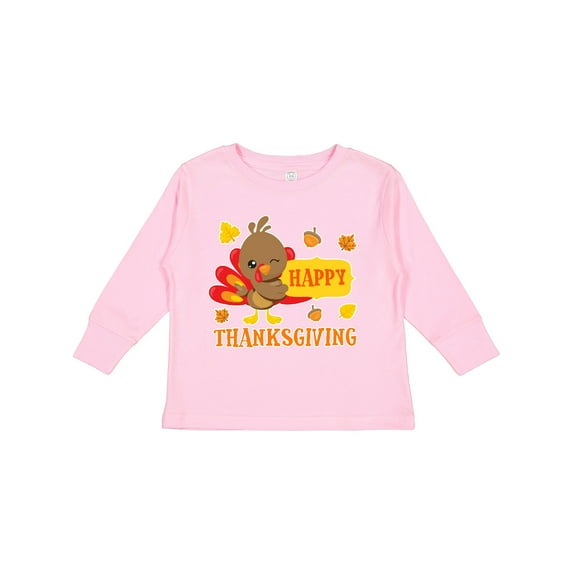 Inktastic Happy Thanksgiving with Cute Turkey and Leaves Boys or Girls Long Sleeve Toddler T-Shirt