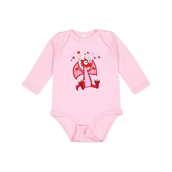 Inktastic Happy Valentine Cute Red Cartoon Dragon with Hearts Boys or Girls Long Sleeve Baby Bodysuit