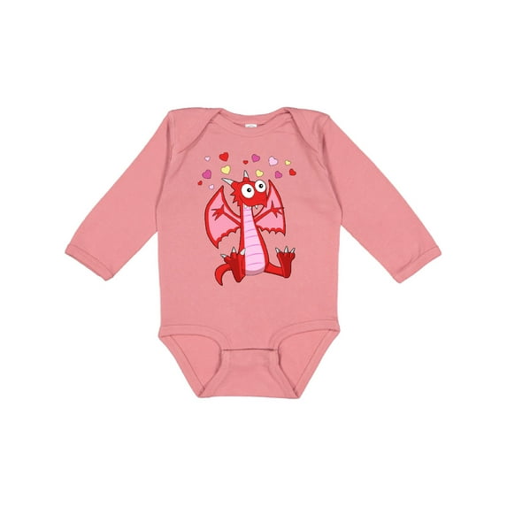 Inktastic Happy Valentine Cute Red Cartoon Dragon with Hearts Boys or Girls Long Sleeve Baby Bodysuit