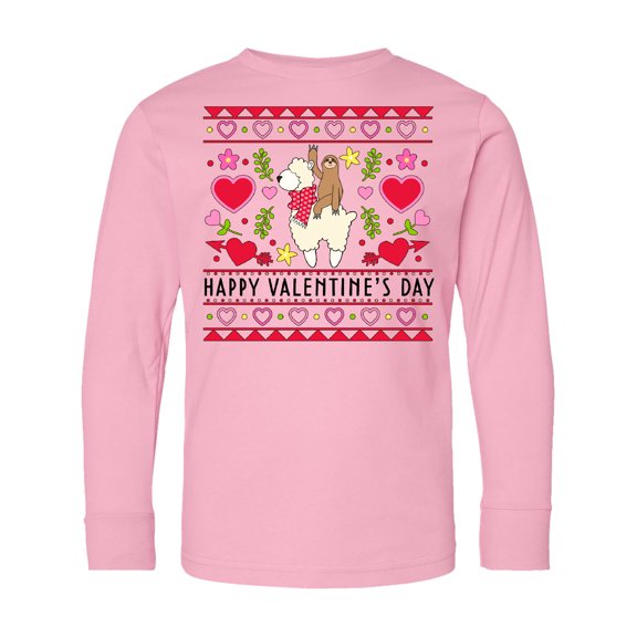 Inktastic Happy Valentine's Day Sloth and Llama Ugly Sweater Style Long Sleeve Youth T-Shirt