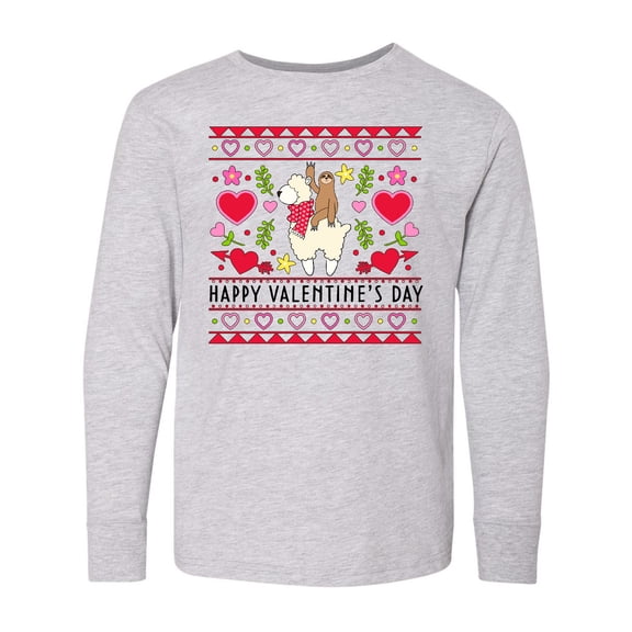 Inktastic Happy Valentine's Day Sloth and Llama Ugly Sweater Style Long Sleeve Youth T-Shirt