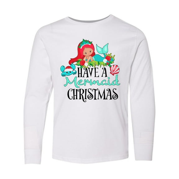 Inktastic Have a Mermaid Christmas with Crab and Seashell Long Sleeve Youth T-Shirt