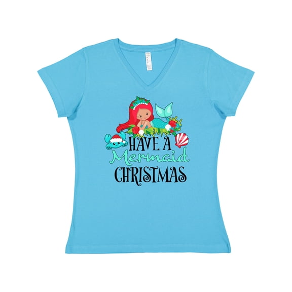 Inktastic Have a Mermaid Christmas with Crab and Seashell Women's V-Neck T-Shirt