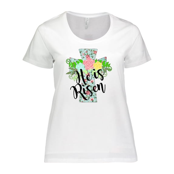 Inktastic He is Risen Floral Print Cross with Beautiful Flowers Women's Plus Size T-Shirt