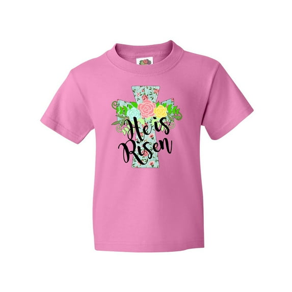 Inktastic He Is Risen Floral Print Cross with Beautiful Flowers Youth T-Shirt