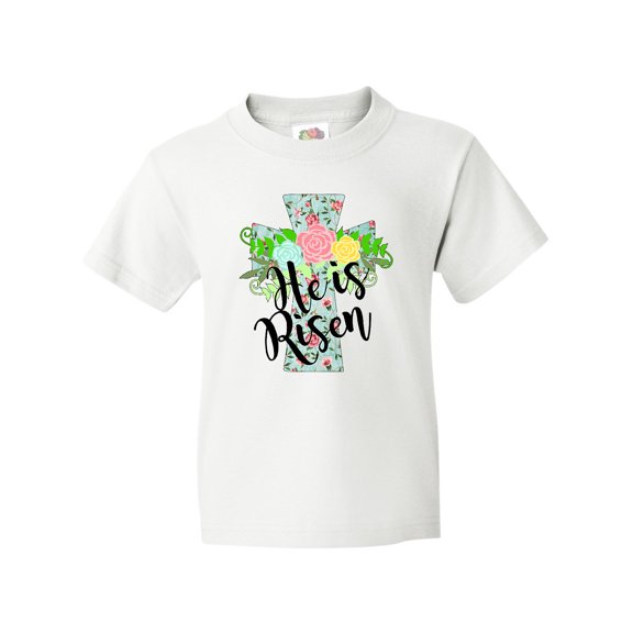 Inktastic He Is Risen Floral Print Cross with Beautiful Flowers Youth T-Shirt