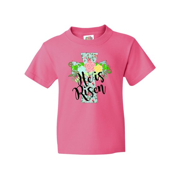 Inktastic He Is Risen Floral Print Cross with Beautiful Flowers Youth T-Shirt