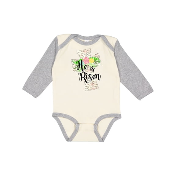 Inktastic He is Risen Cross with Script and Flowers Boys or Girls Long Sleeve Baby Bodysuit