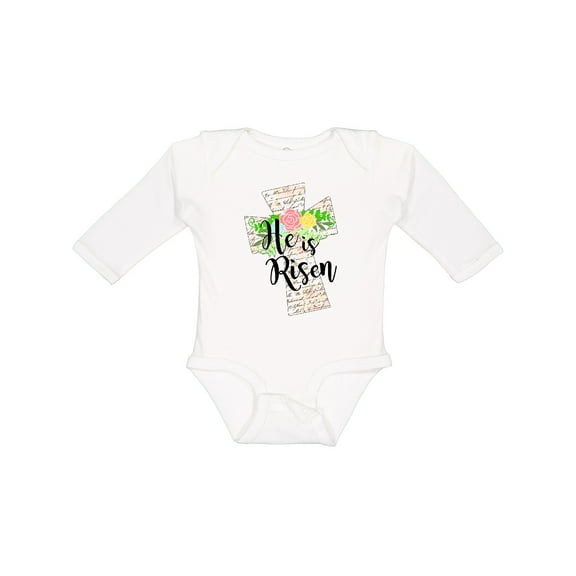 Inktastic He is Risen Cross with Script and Flowers Boys or Girls Long Sleeve Baby Bodysuit