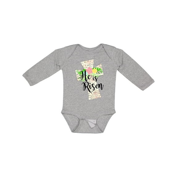 Inktastic He is Risen Cross with Script and Flowers Boys or Girls Long Sleeve Baby Bodysuit