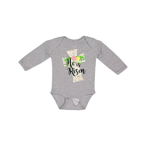 Inktastic He is Risen Cross with Script and Flowers Boys or Girls Long Sleeve Baby Bodysuit