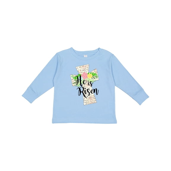 Inktastic He is Risen Cross with Script and Flowers Boys or Girls Long Sleeve Toddler T-Shirt
