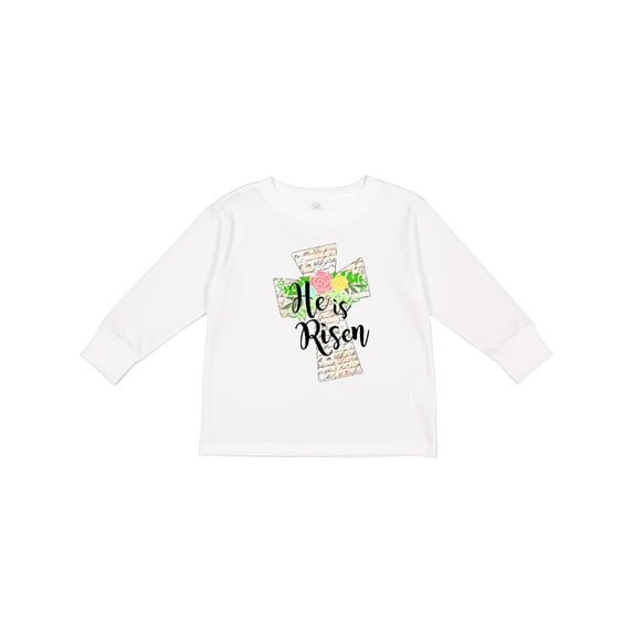 Inktastic He is Risen Cross with Script and Flowers Boys or Girls Long Sleeve Toddler T-Shirt