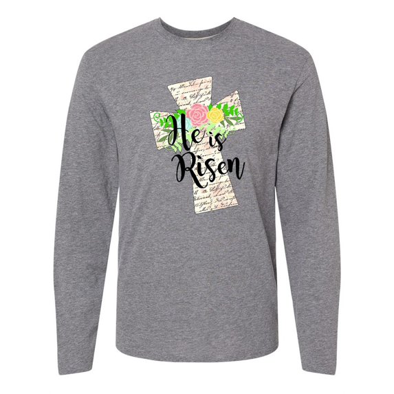 Inktastic He is Risen Cross with Script and Flowers Long Sleeve T-Shirt