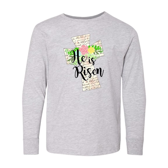 Inktastic He is Risen Cross with Script and Flowers Long Sleeve Youth T-Shirt
