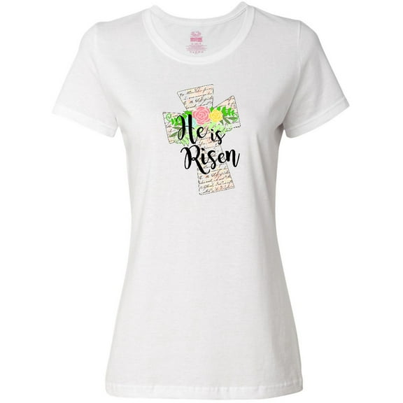 Inktastic He is Risen Cross with Script and Flowers Women's T-Shirt