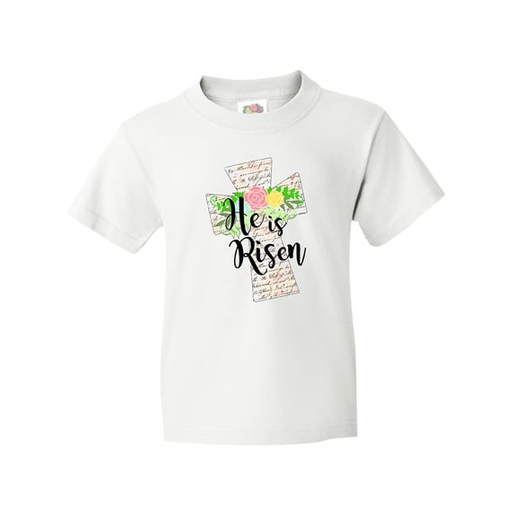 Inktastic He is Risen Cross with Script and Flowers Youth T-Shirt