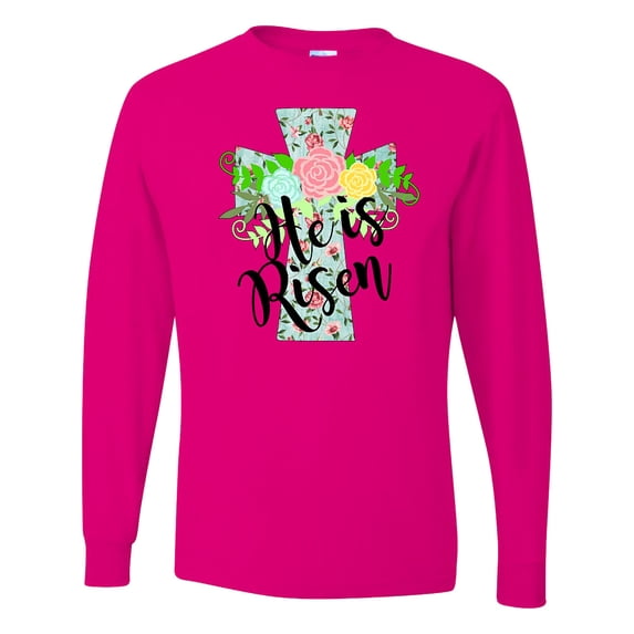 Inktastic He is Risen Floral Print Cross with Beautiful Flowers Long Sleeve T-Shirt