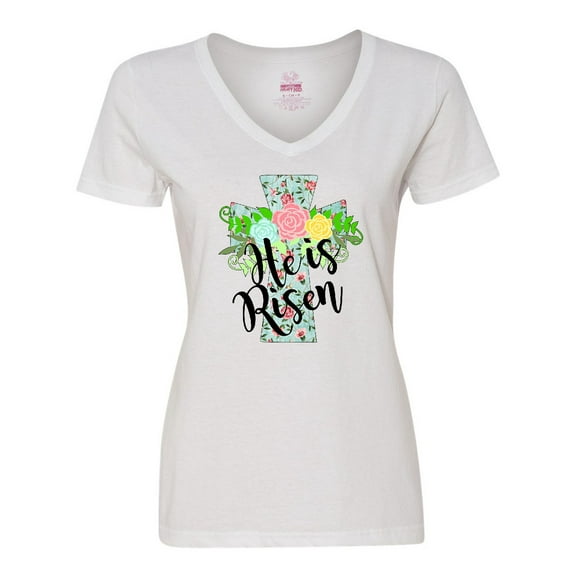 Inktastic He is Risen Floral Print Cross with Beautiful Flowers Women's V-Neck T-Shirt
