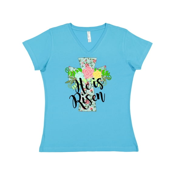 Inktastic He is Risen Floral Print Cross with Beautiful Flowers Women's V-Neck T-Shirt