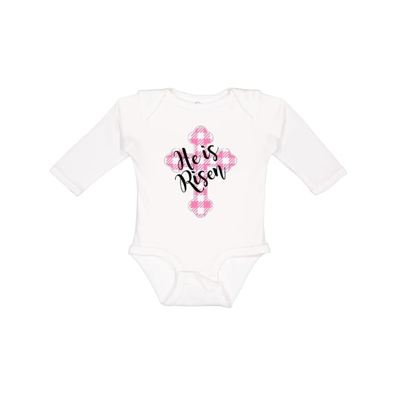 Inktastic He is Risen Pink Plaid Cross Boys or Girls Long Sleeve Baby Bodysuit