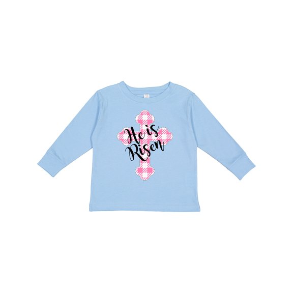 Inktastic He is Risen Pink Plaid Cross Boys or Girls Long Sleeve Toddler T-Shirt
