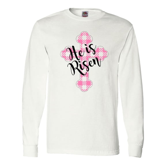 Inktastic He is Risen Pink Plaid Cross Long Sleeve T-Shirt