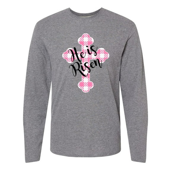 Inktastic He is Risen Pink Plaid Cross Long Sleeve T-Shirt